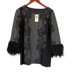 NWT, Melissa Paige Floral Gray, Black Sweater, Penny Lane Style Cuffs/Fur, M